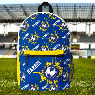 Blue yellow football soccer ball splat custom printed backpack