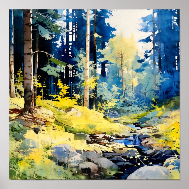 Blue Yellow Forest Painting Poster (Front)