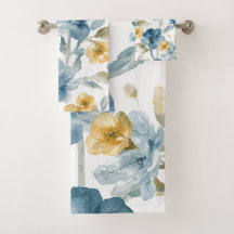 Blue Yellow Garden Flowers Botanical Pattern
