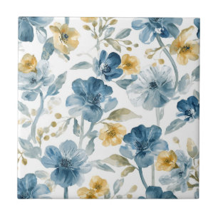 Blue Yellow Garden Flowers Botanical Pattern Tile