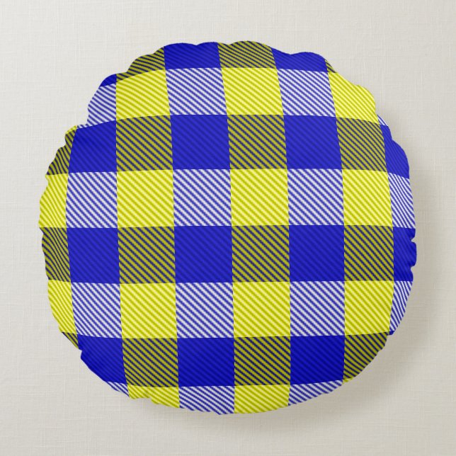 Blue Yellow Gingham Check Design  Round Cushion (Front)