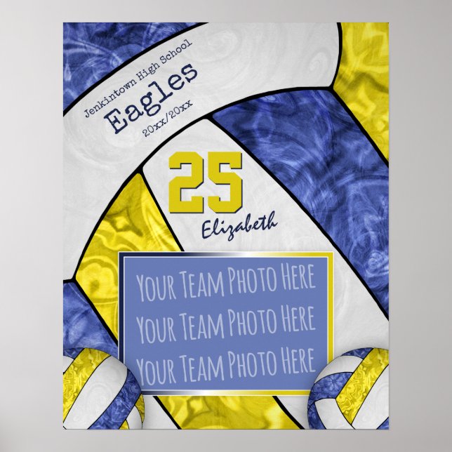 blue yellow girls' volleyball team photo poster (Front)