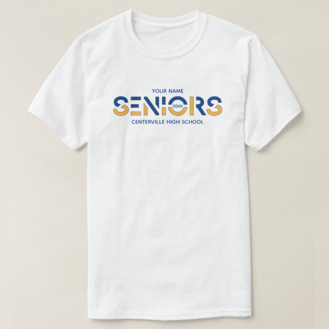 Blue & Yellow Gold 2-Colour Seniors Sliced Letters T-Shirt (Design Front)