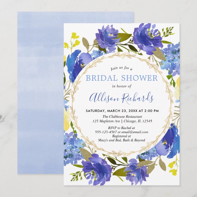 Blue yellow gold elegant floral bridal shower invitation (Front/Back)