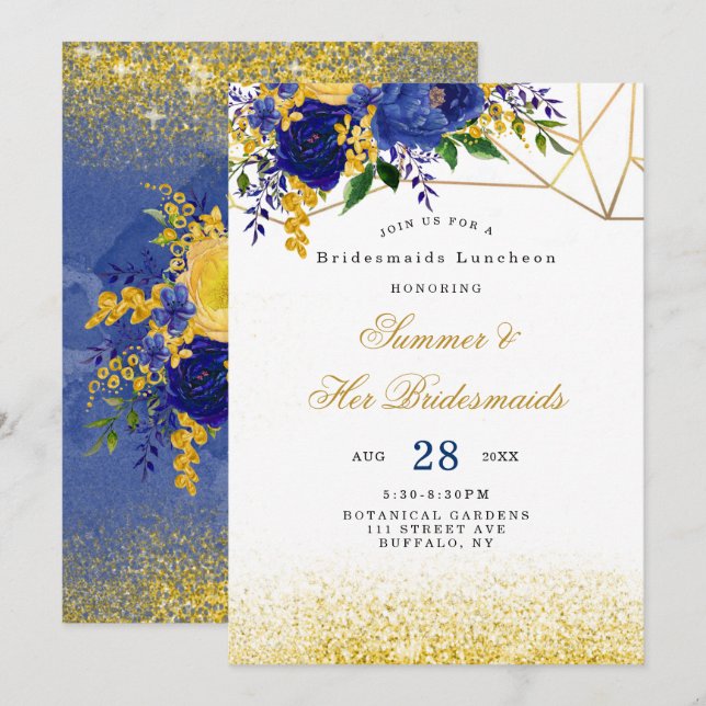 Blue Yellow Gold Floral Bridesmaids Luncheon Invitation (Front/Back)