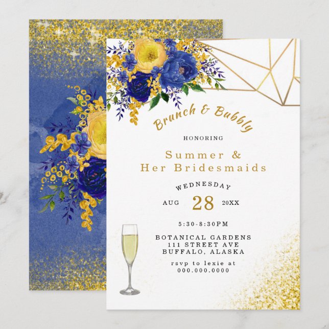 Blue Yellow Gold Painted Floral Brunch and Bubbly Invitation (Front/Back)