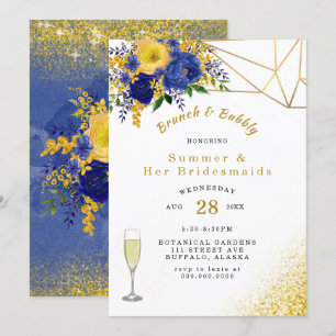 Blue Yellow Gold Painted Floral Brunch and Bubbly Invitation