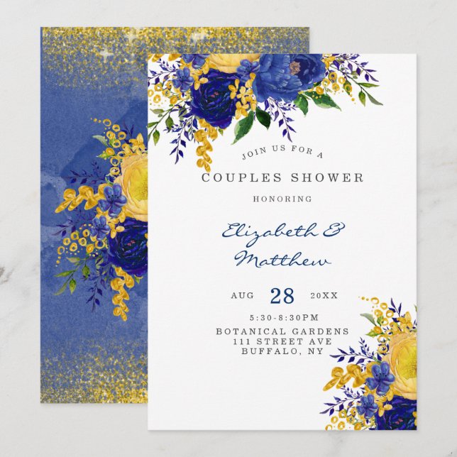 Blue Yellow Gold Painted Florals Couples Shower Invitation (Front/Back)