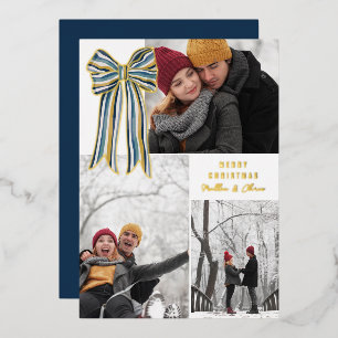 Blue Yellow Gold Striped Bow Merry Christmas Photo Foil Holiday Card