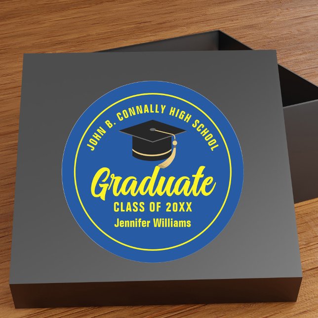 Blue Yellow Graduate Custom 2025 Graduation Party Classic Round Sticker (Creator Uploaded)