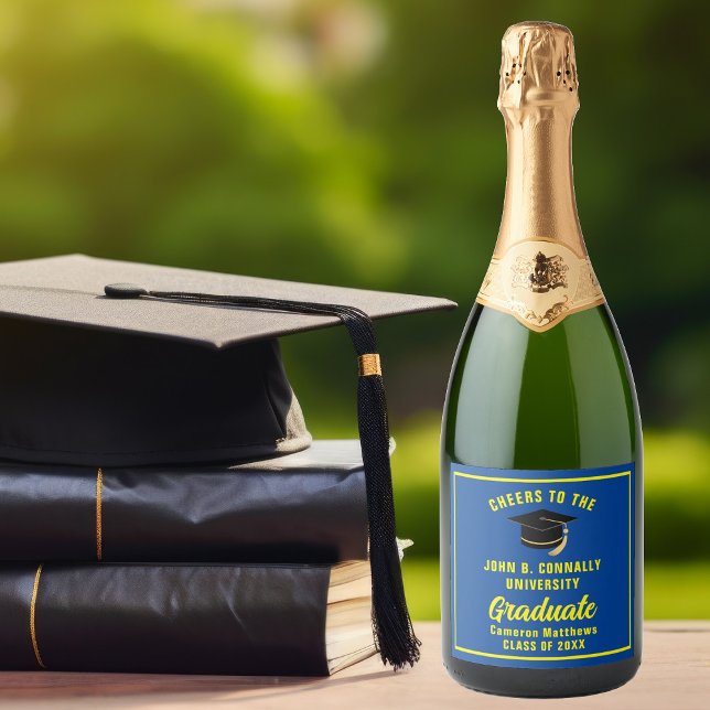 Blue Yellow Graduate Custom 2025 Graduation Party Sparkling Wine Label (Creator Uploaded)