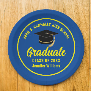 Blue Yellow Graduate Custom Graduation Party Paper Plate