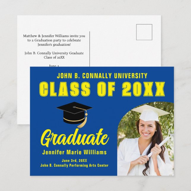 Blue Yellow Graduate Photo 2024 Graduation Party Postcard (Front/Back)