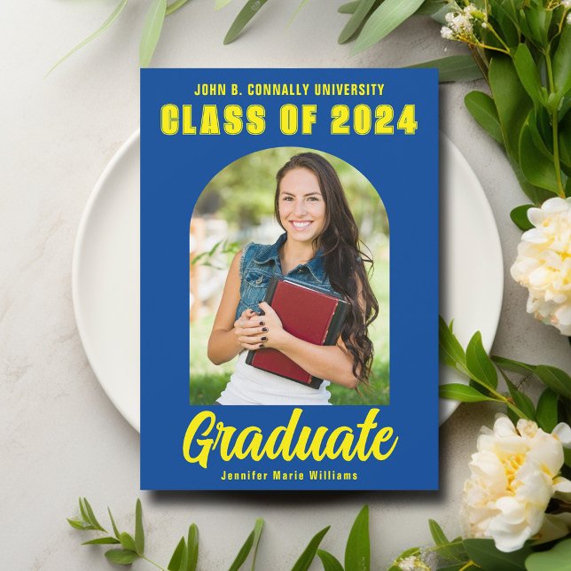 Blue Yellow Graduate Photo Modern Bold Graduation Announcement (Creator Uploaded)