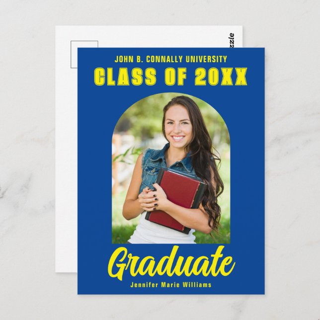 Blue Yellow Graduate Photo Modern Bold Graduation Postcard (Front/Back)