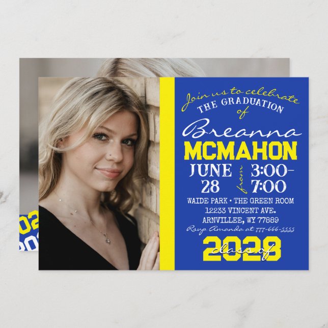 Blue & Yellow Graduation 2 Photo Invitation (Front/Back)