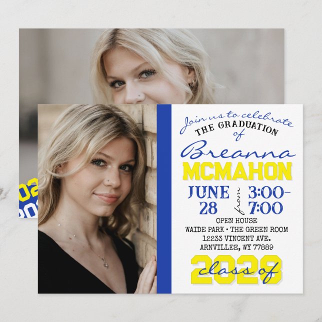 Blue & Yellow Graduation 2 Photo Invitation (Front/Back)