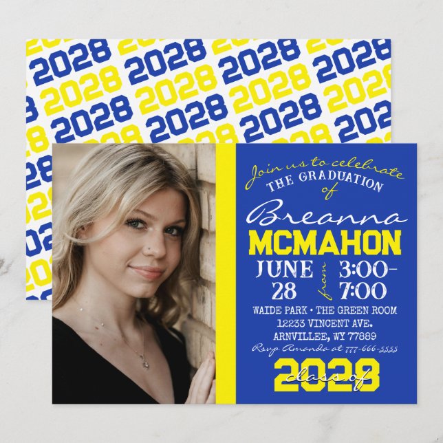 Blue & Yellow Graduation Photo Invitation (Front/Back)
