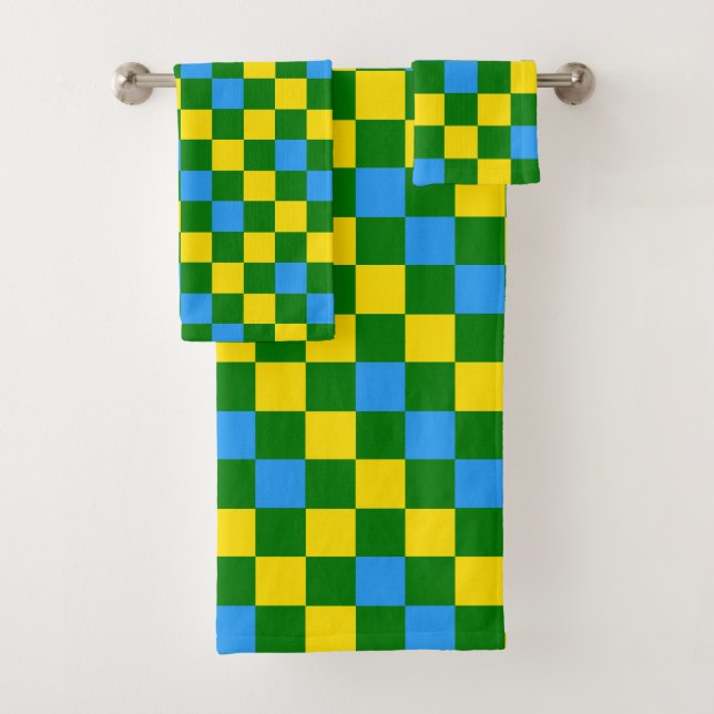 Blue Yellow Green Chequered Pattern Design  Bath Towel Set (Insitu)