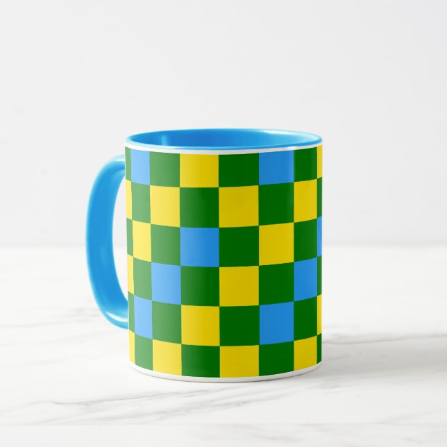 Blue Yellow Green Chequered Pattern Design  Mug (Front Left)