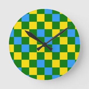 Blue Yellow Green Chequered Pattern Design Round Clock
