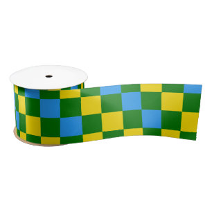 Blue Yellow Green Chequered Pattern Design Satin Ribbon