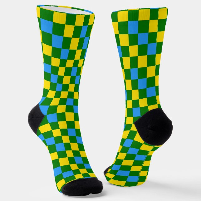 Blue Yellow Green Chequered Pattern Design  Socks (Angled)