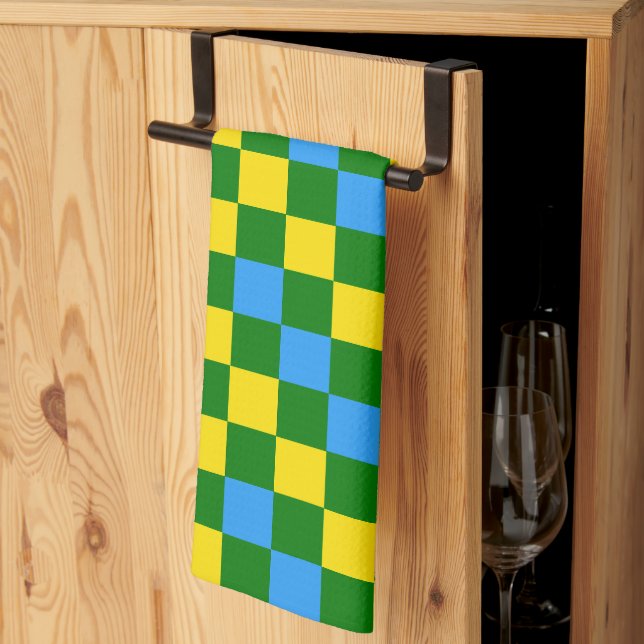 Blue Yellow Green Chequered Pattern Design  Tea Towel (Thirds Fold)