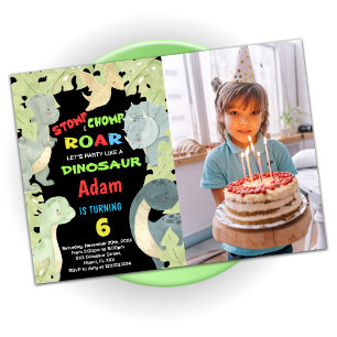 Blue Yellow Green Dinosaur Birthday With Photo Invitation