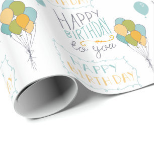 Blue Yellow Green Happy Birthday Balloons Wrapping Paper