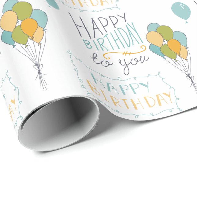 Blue Yellow Green Happy Birthday Balloons Wrapping Paper (Roll Corner)