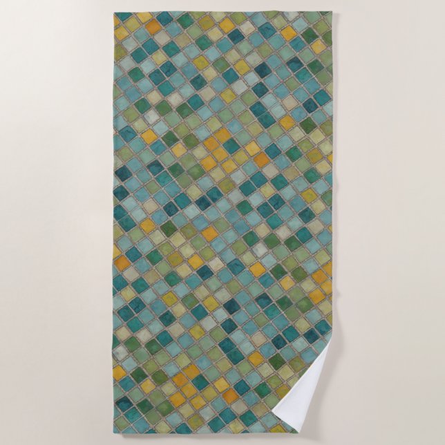 Blue Yellow Green Mosaic Tile Beach Towel (Front)