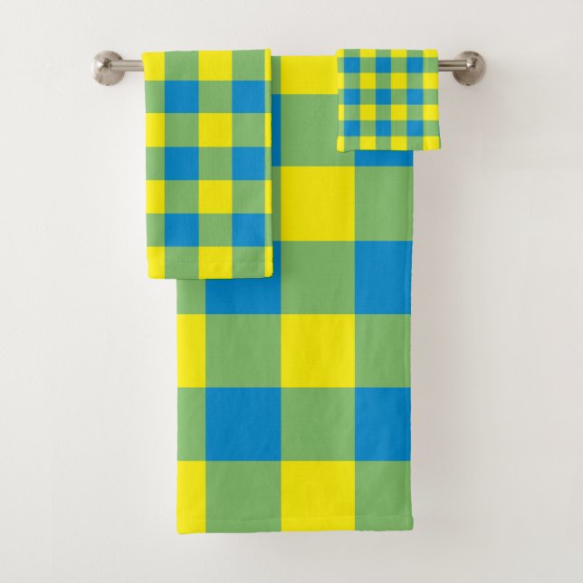 Blue Yellow Green Plaid Chequered Pattern Bath Towel Set (Insitu)