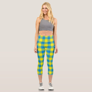 Blue Yellow Green Plaid Chequered Pattern Capri Leggings