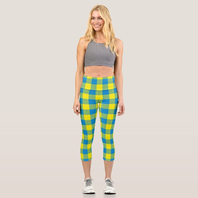 Blue Yellow Green Plaid Chequered Pattern Capri Leggings (Front)