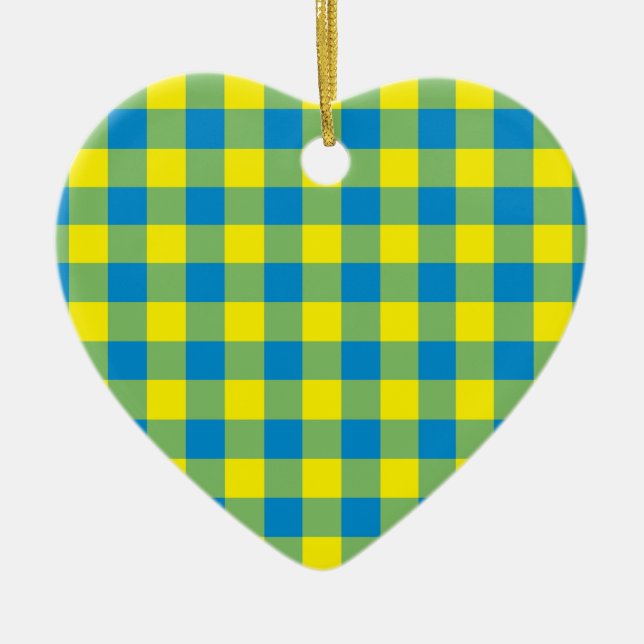 Blue Yellow Green Plaid Chequered Pattern Ceramic Tree Decoration (Front)
