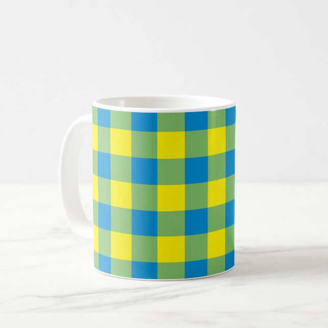 Blue Yellow Green Plaid Chequered Pattern Coffee Mug (Front Left)