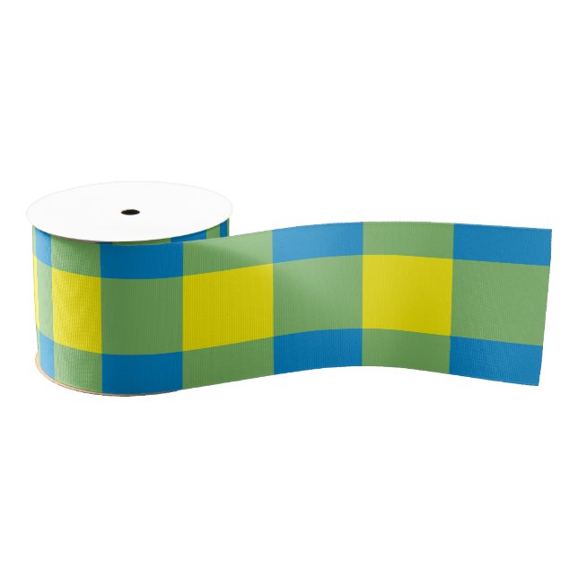 Blue Yellow Green Plaid Chequered Pattern Grosgrain Ribbon (Spool)