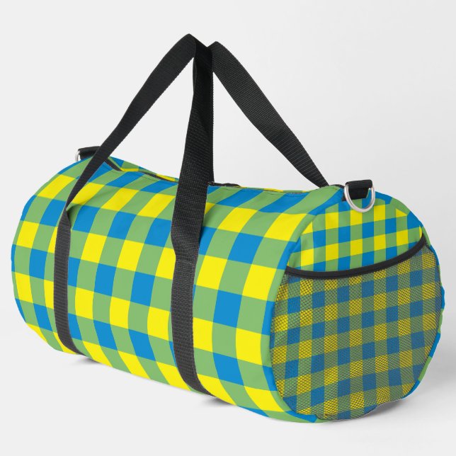 Blue Yellow Green Plaid Chequered Pattern Large Duffle Bag (Right Corner)