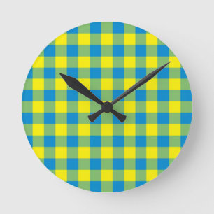 Blue Yellow Green Plaid Chequered Pattern Round Clock