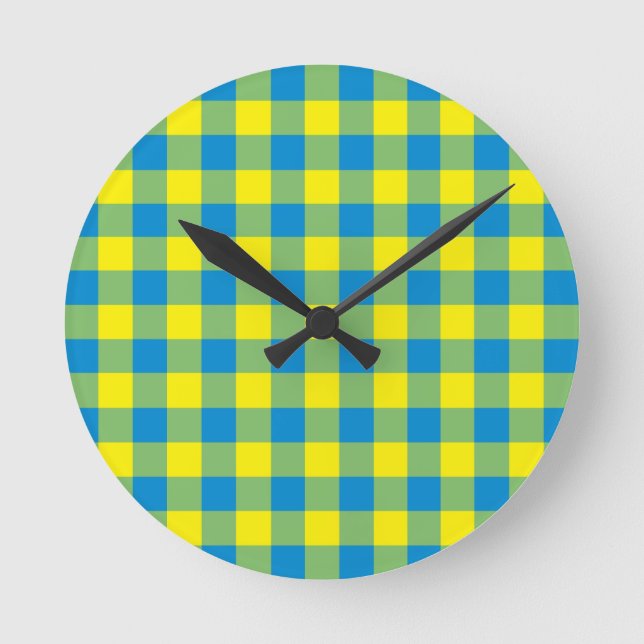 Blue Yellow Green Plaid Chequered Pattern Round Clock (Front)