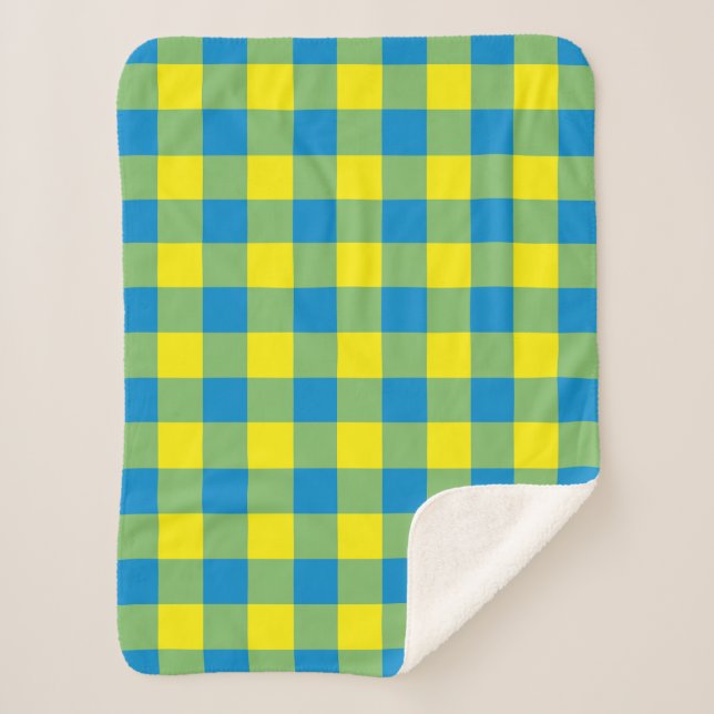 Blue Yellow Green Plaid Chequered Pattern Sherpa Blanket (Front)