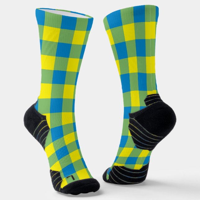 Blue Yellow Green Plaid Chequered Pattern Socks (Angled)