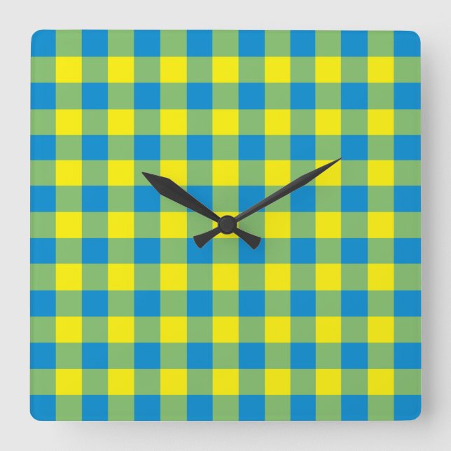 Blue Yellow Green Plaid Chequered Pattern Square Wall Clock (Front)