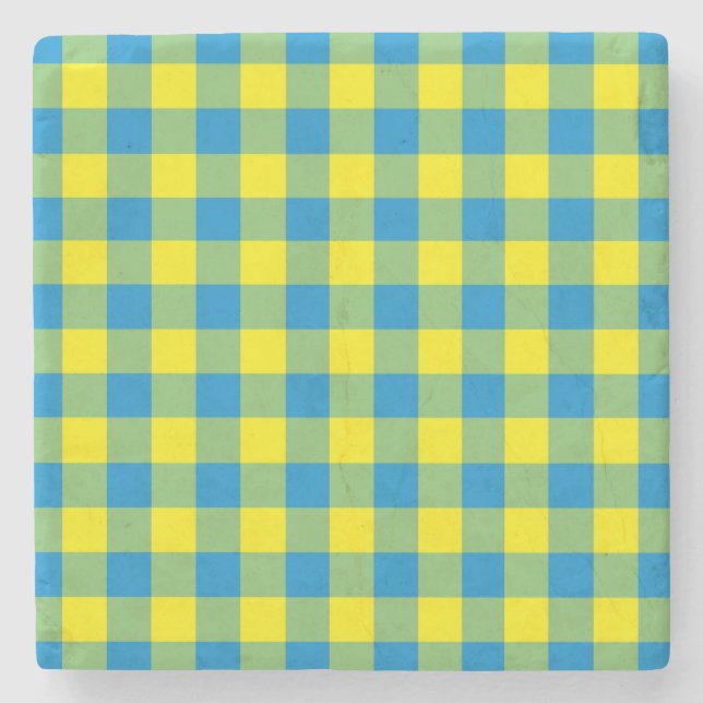 Blue Yellow Green Plaid Chequered Pattern Stone Coaster (Front)