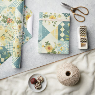 Blue Yellow Green Quilt Gingham Cottagecore Floral Wrapping Paper