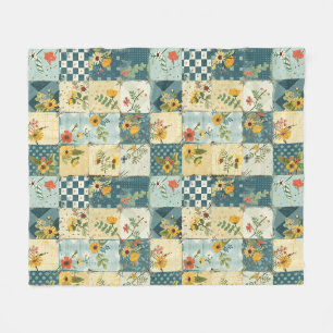 Blue Yellow Green Quilt Patchwork Gingham Floral Fleece Blanket