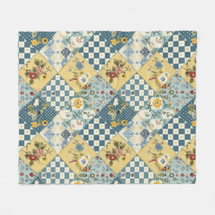 Blue Yellow Green Quilt Patchwork Gingham Floral Fleece Blanket