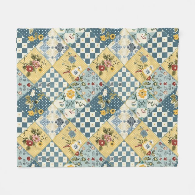 Blue Yellow Green Quilt Patchwork Gingham Floral Fleece Blanket (Front (Horizontal))