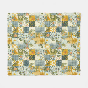 Blue Yellow Green Quilt Patchwork Gingham Floral Fleece Blanket